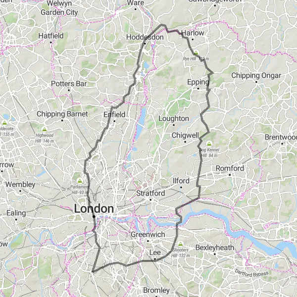 Map miniature of "London Grand Loop" cycling inspiration in Inner London — East, United Kingdom. Generated by Tarmacs.app cycling route planner