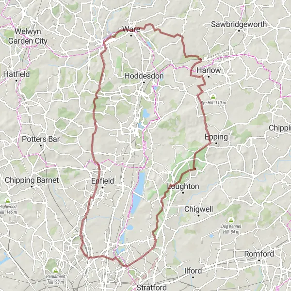 Map miniature of "The Gravel Escapade" cycling inspiration in Inner London — East, United Kingdom. Generated by Tarmacs.app cycling route planner