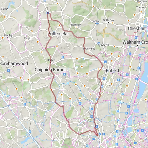 Map miniature of "Scenic Gravel Escape" cycling inspiration in Inner London — East, United Kingdom. Generated by Tarmacs.app cycling route planner