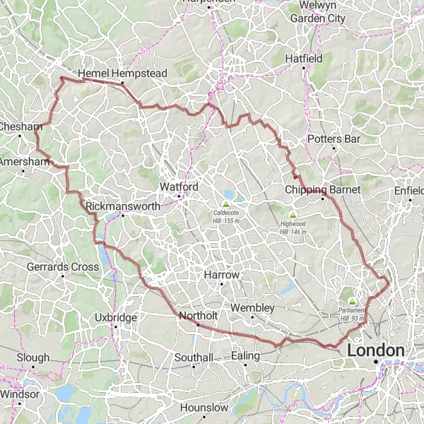 Map miniature of "The Gravel Explorer" cycling inspiration in Inner London — East, United Kingdom. Generated by Tarmacs.app cycling route planner