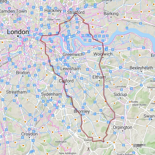 Map miniature of "Historical Suburbs Ride" cycling inspiration in Inner London — East, United Kingdom. Generated by Tarmacs.app cycling route planner