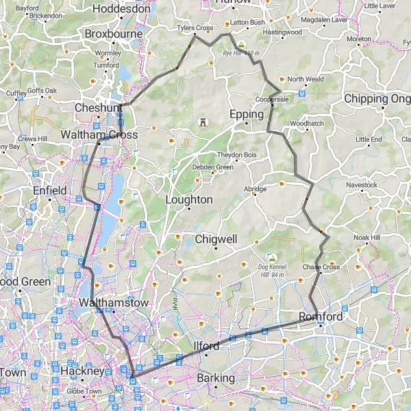 Map miniature of "East Loop Road Cycling Route" cycling inspiration in Inner London — East, United Kingdom. Generated by Tarmacs.app cycling route planner