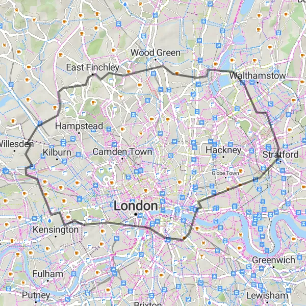 Map miniature of "West London Cycling Escape" cycling inspiration in Inner London — East, United Kingdom. Generated by Tarmacs.app cycling route planner