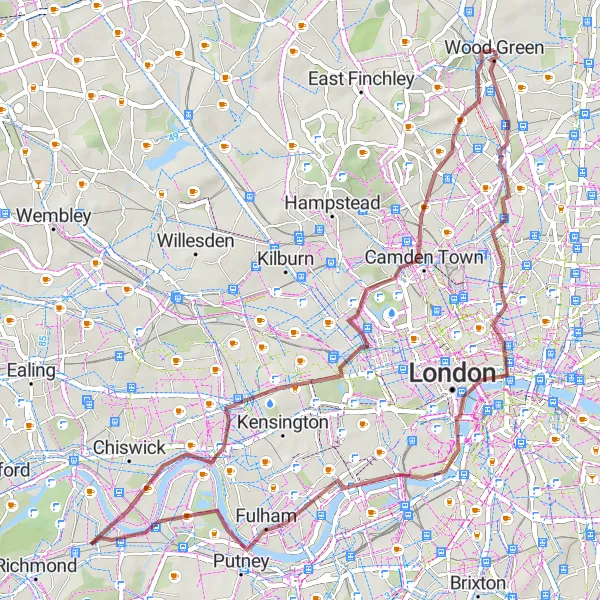 Map miniature of "Cultural Journey through North London" cycling inspiration in Inner London — East, United Kingdom. Generated by Tarmacs.app cycling route planner