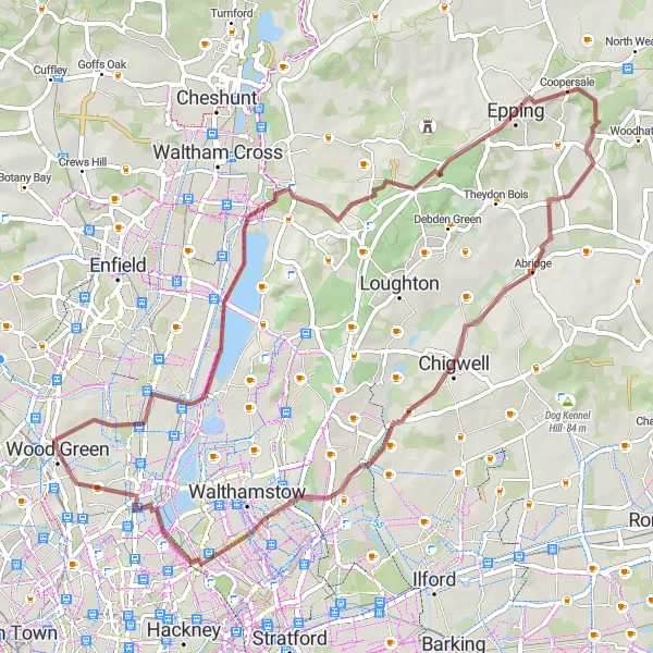 Map miniature of "Magical Forest Gravel Adventure" cycling inspiration in Inner London — East, United Kingdom. Generated by Tarmacs.app cycling route planner