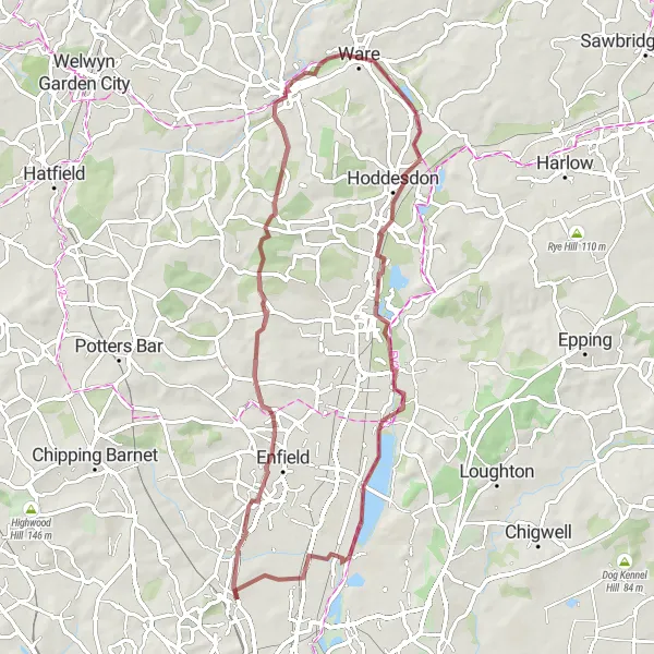 Map miniature of "Enchanting Gravel Trails" cycling inspiration in Inner London — East, United Kingdom. Generated by Tarmacs.app cycling route planner