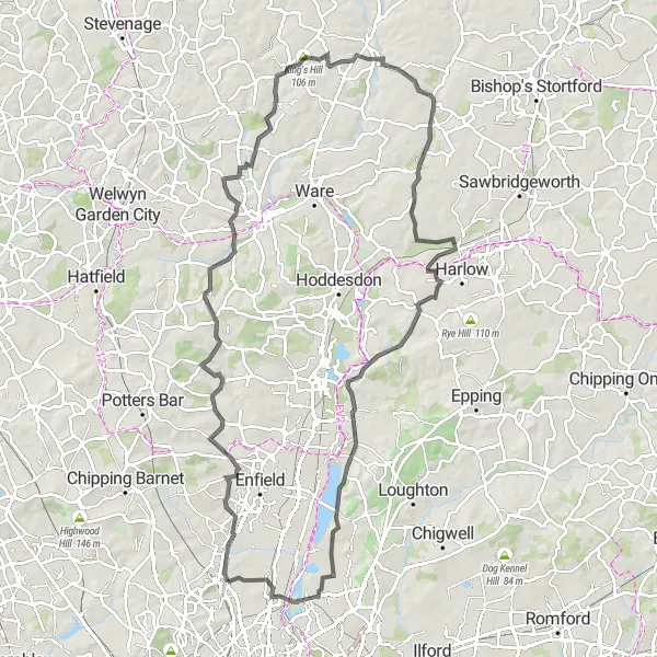 Map miniature of "London Loop and County Lanes" cycling inspiration in Inner London — East, United Kingdom. Generated by Tarmacs.app cycling route planner