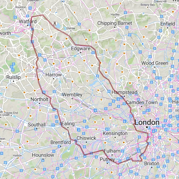 Map miniature of "Battersea to The Great Escape" cycling inspiration in Inner London — West, United Kingdom. Generated by Tarmacs.app cycling route planner
