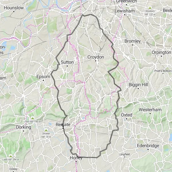 Map miniature of "Surrey Hills Challenge" cycling inspiration in Inner London — West, United Kingdom. Generated by Tarmacs.app cycling route planner