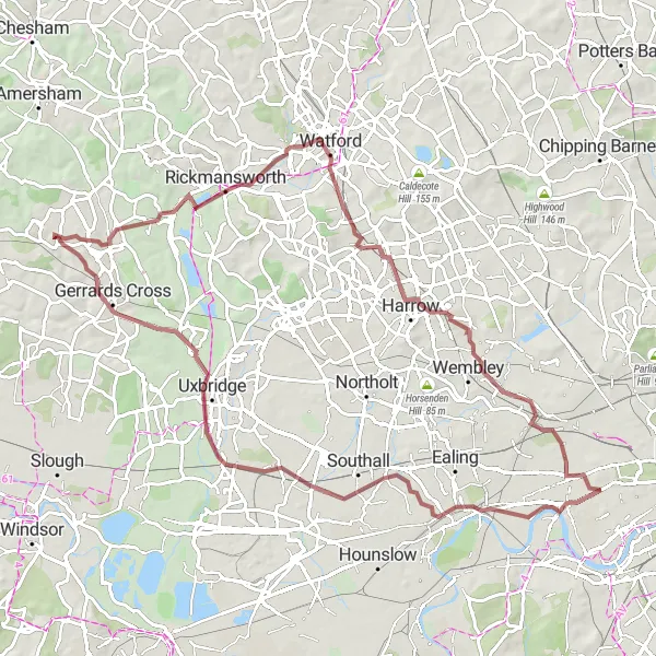Map miniature of "Bayswater to Yiewsley Gravel Route" cycling inspiration in Inner London — West, United Kingdom. Generated by Tarmacs.app cycling route planner