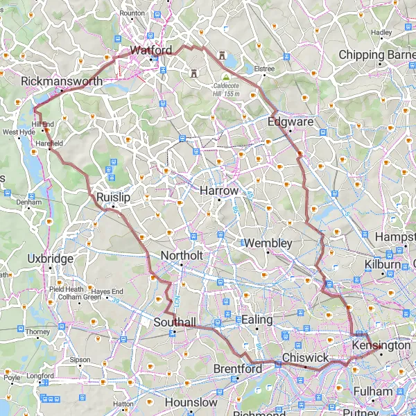 Map miniature of "Bayswater to Watford Gravel Route" cycling inspiration in Inner London — West, United Kingdom. Generated by Tarmacs.app cycling route planner