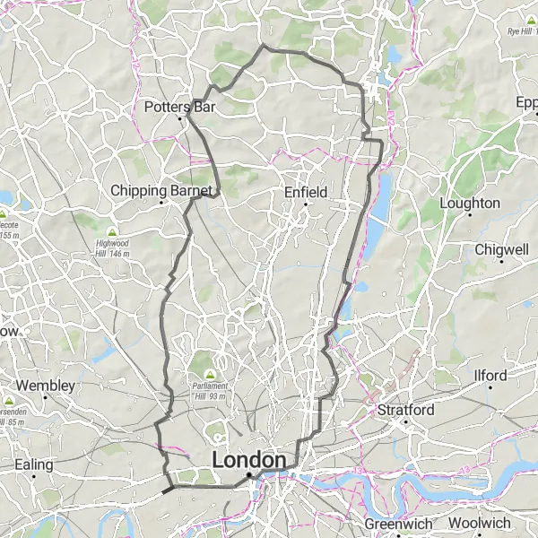 Map miniature of "City Views and Tower of Church of St Augustine Route" cycling inspiration in Inner London — West, United Kingdom. Generated by Tarmacs.app cycling route planner