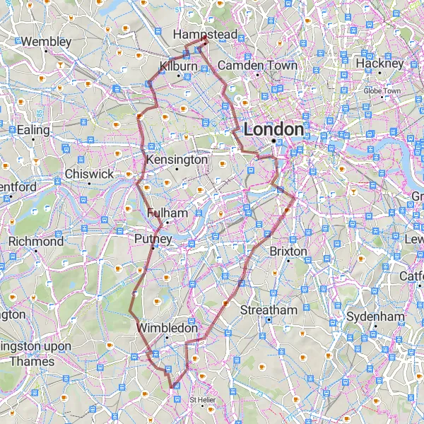 Map miniature of "Gravel Adventure: South of the Thames" cycling inspiration in Inner London — West, United Kingdom. Generated by Tarmacs.app cycling route planner