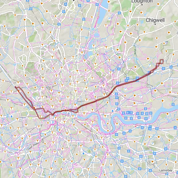 Map miniature of "The Gravel Adventure" cycling inspiration in Inner London — West, United Kingdom. Generated by Tarmacs.app cycling route planner