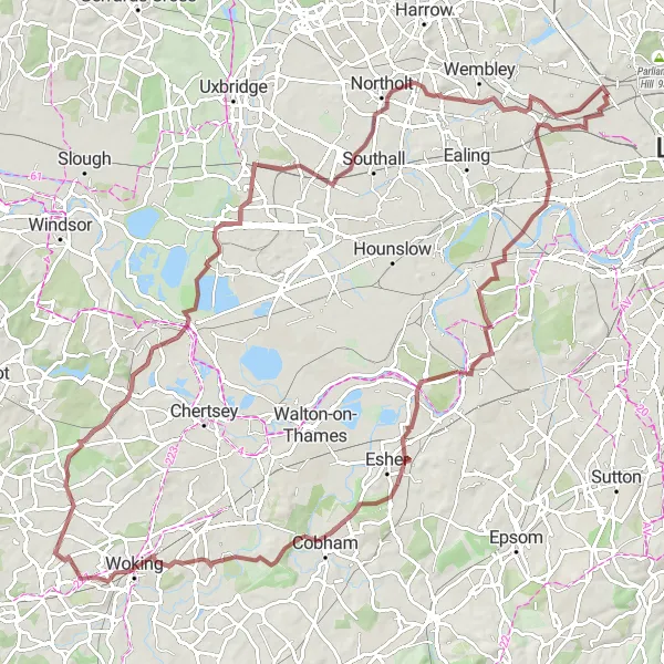 Map miniature of "Surrey Hills Gravel Adventure" cycling inspiration in Inner London — West, United Kingdom. Generated by Tarmacs.app cycling route planner