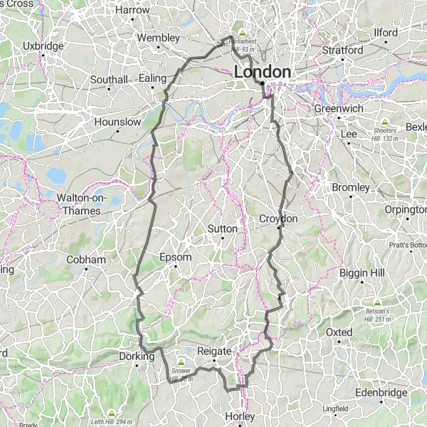 Map miniature of "London Loop: The Outer Circle" cycling inspiration in Inner London — West, United Kingdom. Generated by Tarmacs.app cycling route planner
