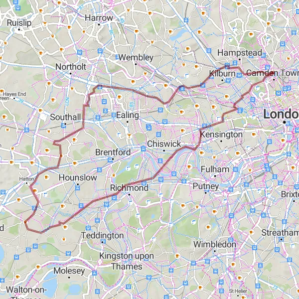 Map miniature of "Kensington Gravel Adventure" cycling inspiration in Inner London — West, United Kingdom. Generated by Tarmacs.app cycling route planner