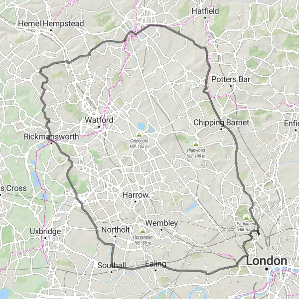 Map miniature of "London Urban Challenge" cycling inspiration in Inner London — West, United Kingdom. Generated by Tarmacs.app cycling route planner