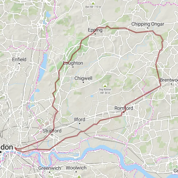 Map miniature of "Gravel Adventure: City of London to Romford" cycling inspiration in Inner London — West, United Kingdom. Generated by Tarmacs.app cycling route planner
