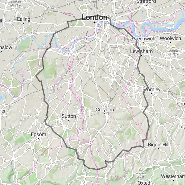 Map miniature of "Scenic Countryside Escape: Road Cycling Adventure" cycling inspiration in Inner London — West, United Kingdom. Generated by Tarmacs.app cycling route planner