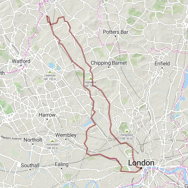 Map miniature of "Exploring North London" cycling inspiration in Inner London — West, United Kingdom. Generated by Tarmacs.app cycling route planner