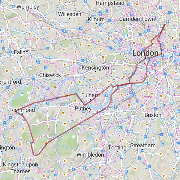 Map miniature of "Hidden Gem Gravel Route" cycling inspiration in Inner London — West, United Kingdom. Generated by Tarmacs.app cycling route planner
