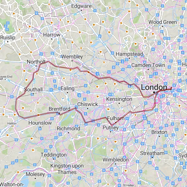 Map miniature of "Scenic Gravel Tour: Clerkenwell to Bloomsbury" cycling inspiration in Inner London — West, United Kingdom. Generated by Tarmacs.app cycling route planner