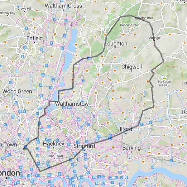 Map miniature of "Charming Loop via Epping Forest" cycling inspiration in Inner London — West, United Kingdom. Generated by Tarmacs.app cycling route planner
