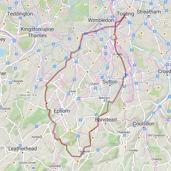 Map miniature of "Scenic Gravel Tour in South West London" cycling inspiration in Inner London — West, United Kingdom. Generated by Tarmacs.app cycling route planner