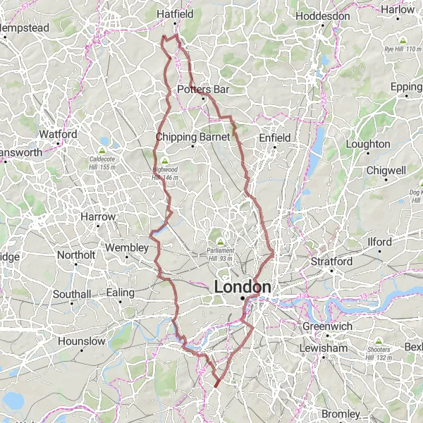 Map miniature of "Gravel Route through West and North London" cycling inspiration in Inner London — West, United Kingdom. Generated by Tarmacs.app cycling route planner