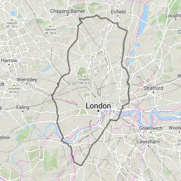 Map miniature of "Tooting's Unique Road Route" cycling inspiration in Inner London — West, United Kingdom. Generated by Tarmacs.app cycling route planner