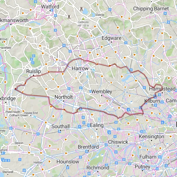 Map miniature of "Scenic Gravel Route featuring West Hampstead, Greenford, Rayners Lane, and The Platform" cycling inspiration in Inner London — West, United Kingdom. Generated by Tarmacs.app cycling route planner