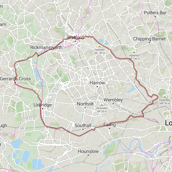 Map miniature of "Exploring Gravel Trails" cycling inspiration in Inner London — West, United Kingdom. Generated by Tarmacs.app cycling route planner