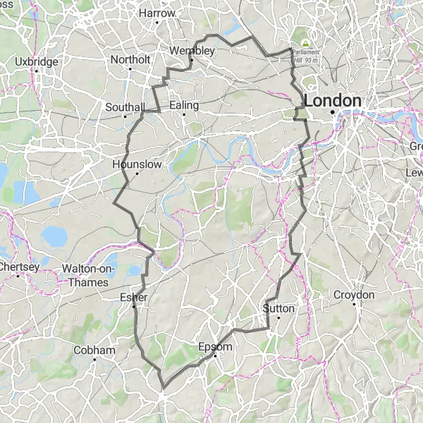 Map miniature of "Challenging Road Route featuring St. John's Wood, Tooting, Viewing platform, Epsom, Esher, Hanwell, and Hampstead" cycling inspiration in Inner London — West, United Kingdom. Generated by Tarmacs.app cycling route planner