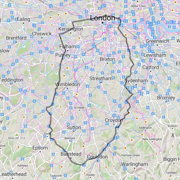 Map miniature of "London Landmarks Road Ride" cycling inspiration in Inner London — West, United Kingdom. Generated by Tarmacs.app cycling route planner