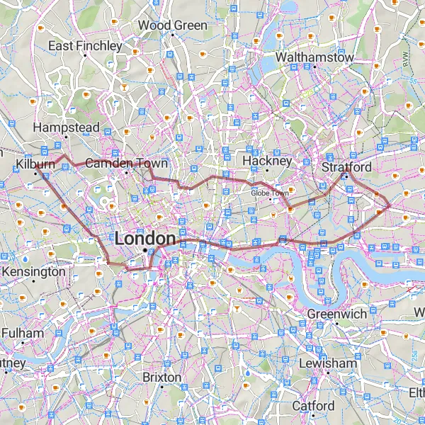 Map miniature of "Kilburn Gravel Delight" cycling inspiration in Inner London — West, United Kingdom. Generated by Tarmacs.app cycling route planner