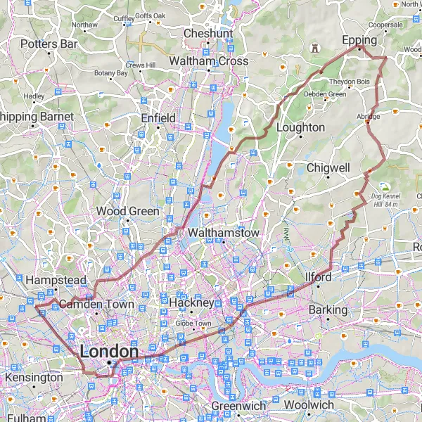 Map miniature of "Kilburn Gravel Adventure" cycling inspiration in Inner London — West, United Kingdom. Generated by Tarmacs.app cycling route planner