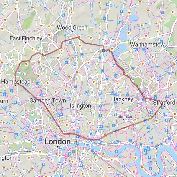 Map miniature of "The Gravel Adventure" cycling inspiration in Inner London — West, United Kingdom. Generated by Tarmacs.app cycling route planner