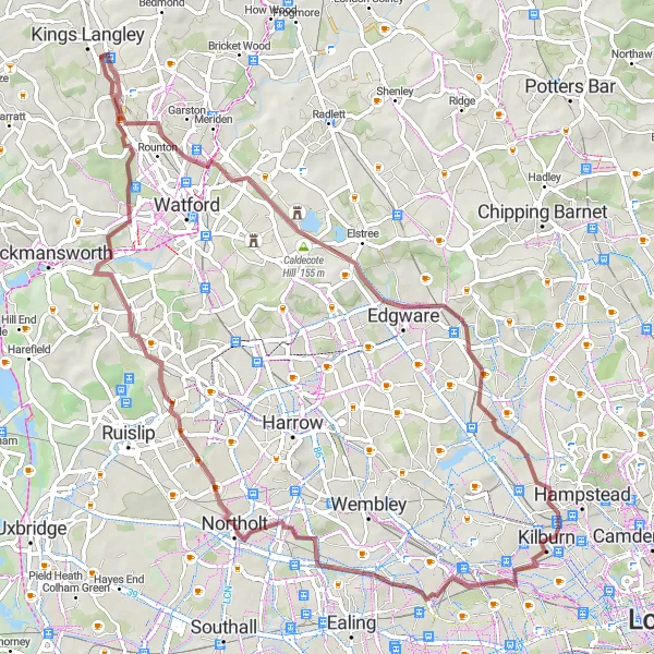 Map miniature of "Gravel Adventure through Kilburn" cycling inspiration in Inner London — West, United Kingdom. Generated by Tarmacs.app cycling route planner