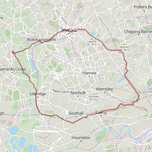 Map miniature of "Kilburn Gravel Expedition" cycling inspiration in Inner London — West, United Kingdom. Generated by Tarmacs.app cycling route planner