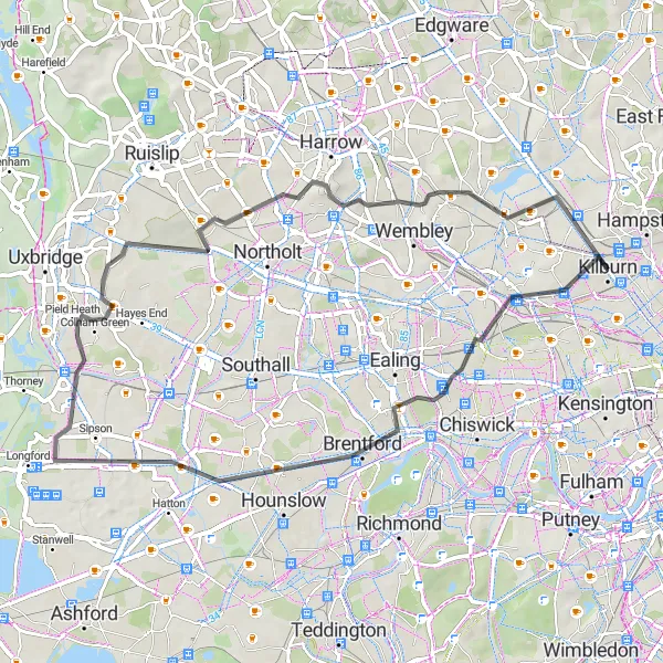 Map miniature of "The West London Loop" cycling inspiration in Inner London — West, United Kingdom. Generated by Tarmacs.app cycling route planner