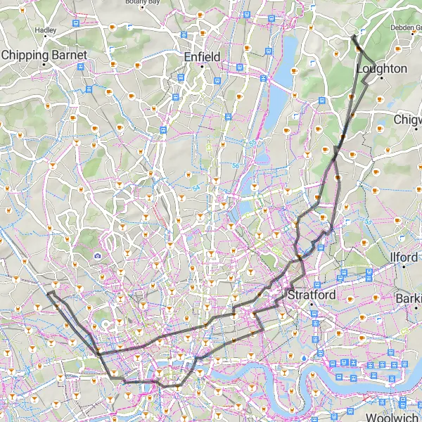 Map miniature of "The East London Experience" cycling inspiration in Inner London — West, United Kingdom. Generated by Tarmacs.app cycling route planner