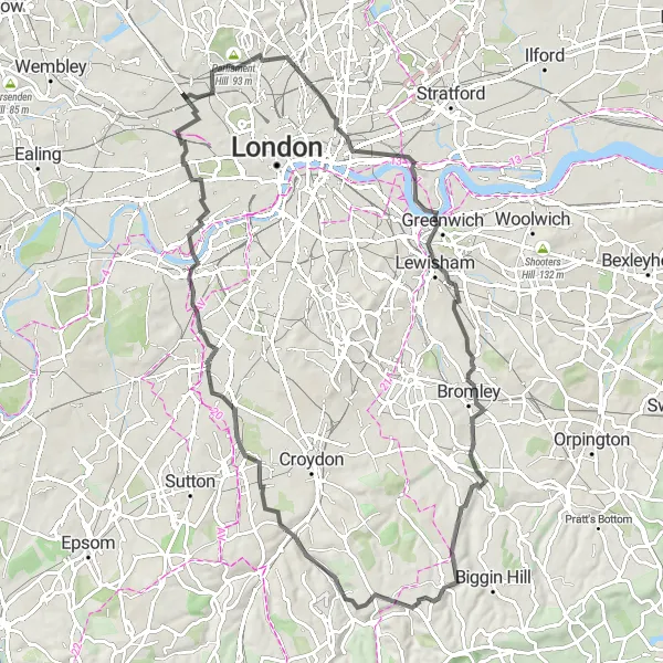 Map miniature of "Road Cycling Adventure from Kilburn" cycling inspiration in Inner London — West, United Kingdom. Generated by Tarmacs.app cycling route planner