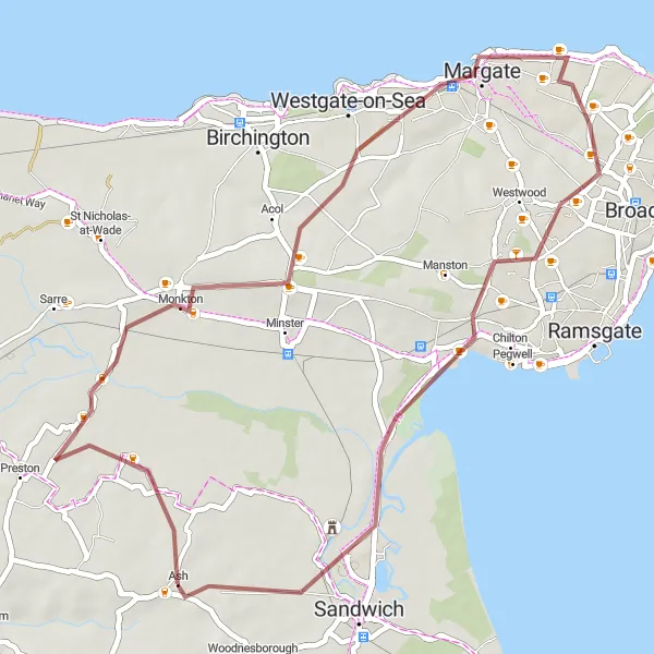 Map miniature of "Ash to Minster Loop" cycling inspiration in Kent, United Kingdom. Generated by Tarmacs.app cycling route planner