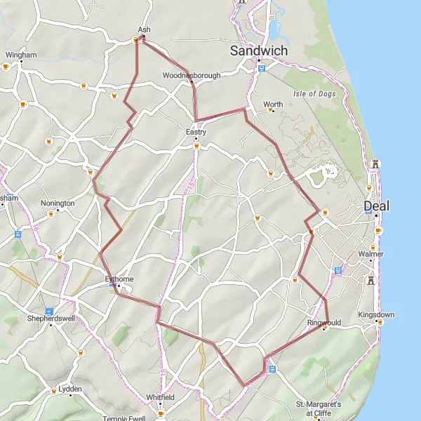 Map miniature of "The Coastal Escape" cycling inspiration in Kent, United Kingdom. Generated by Tarmacs.app cycling route planner