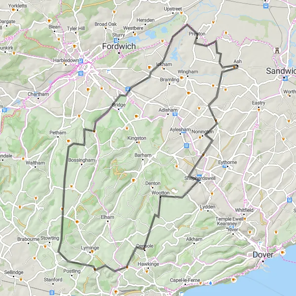 Map miniature of "Ash to Nonington Loop" cycling inspiration in Kent, United Kingdom. Generated by Tarmacs.app cycling route planner