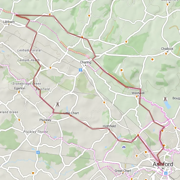 Map miniature of "Gravel Loop to Pluckley, Charing, and Eastwell Towers" cycling inspiration in Kent, United Kingdom. Generated by Tarmacs.app cycling route planner