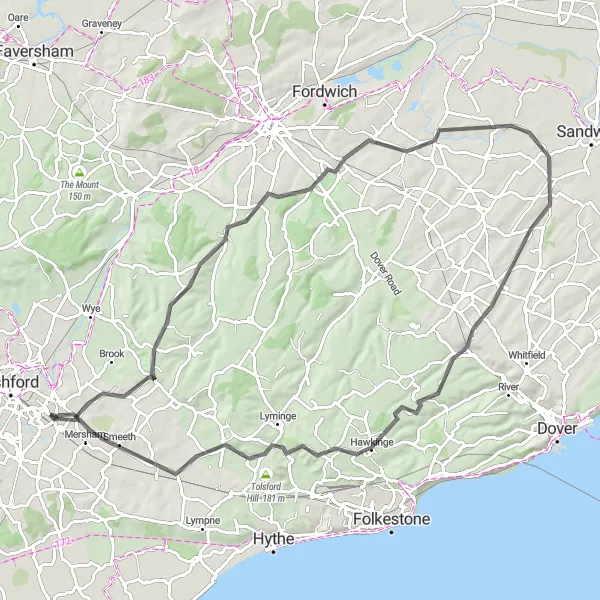 Map miniature of "The Challenging Hilltops" cycling inspiration in Kent, United Kingdom. Generated by Tarmacs.app cycling route planner