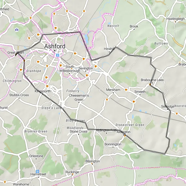 Map miniature of "Ashford Loop" cycling inspiration in Kent, United Kingdom. Generated by Tarmacs.app cycling route planner