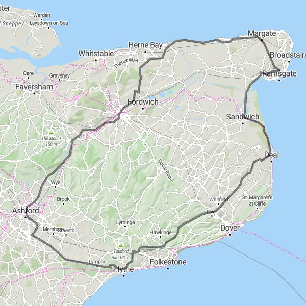 Map miniature of "Historic Canterbury Ride" cycling inspiration in Kent, United Kingdom. Generated by Tarmacs.app cycling route planner